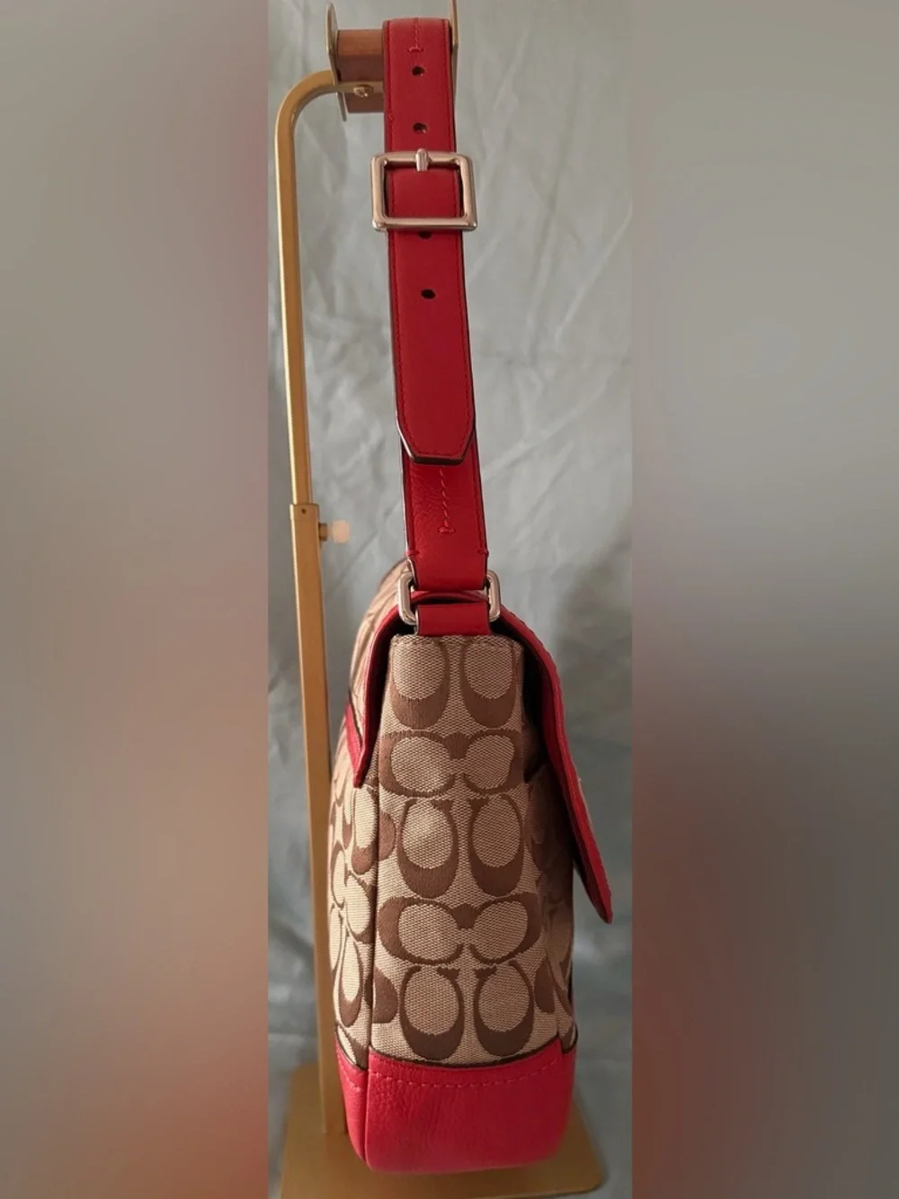 Coach PARK SIGNATURE FLAP BAG F23933 Khaki/Vermilion